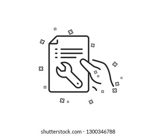 Spanner tool line icon. Repair service document sign. Fix instruments symbol. Geometric shapes. Random cross elements. Linear Repair document icon design. Vector
