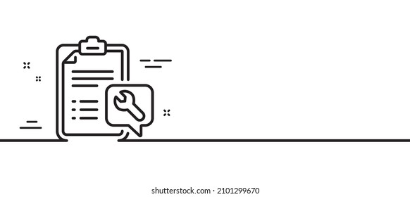 Icono de la línea de herramientas del distribuidor. Firma de la lista de comprobación del servicio de reparación. Fijar símbolo de instrumentos. Fondo mínimo de la ilustración de línea. Banner de patrón de icono de línea de español. Concepto de plantilla web blanca. Vector