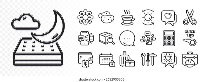 Spanner tool, Night mattress and Teamwork line icons for web app. Glare of light effect. Message icon. Pack of Wallet, Augmented reality, Construction toolbox pictogram icons. Vector