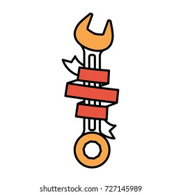spanner tool with ribbon around color sections silhouette vector illustration