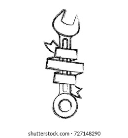 spanner tool with ribbon around monochrome blurred silhouette vector illustration