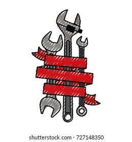 spanner tools with decorative red ribbon around in colored crayon silhouette vector illustration