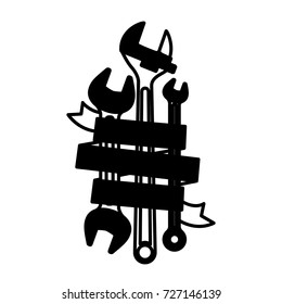 spanner tools with decorative ribbon around in black silhouette vector illustration