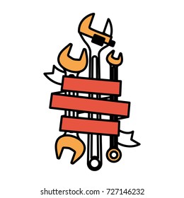 spanner tools with decorative ribbon around in color sections silhouette vector illustration