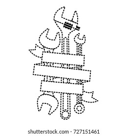 spanner tools with decorative ribbon around in monochrome dotted silhouette vector illustration