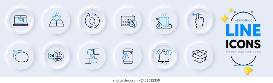 Spanner, Touchscreen gesture and Open box line icons for web app. Pack of Sun energy, Talk bubble, 24h service pictogram icons. Reminder, Refill water, E-mail signs. Warning message. Vector