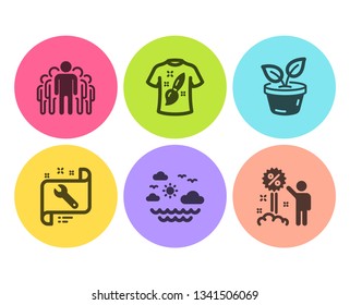 Spanner, T-shirt design and Group icons simple set. Leaves, Travel sea and Discount signs. Repair service, Painting. Business set. Flat spanner icon. Circle button. Vector