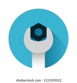 Spanner twists a nut, blue round icon wrench to tighten the screws, settings symbol, flat style vector illustration isolated on white background