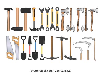 Spanner Vector Bundle, Spanner silhouette Bundle, Hammer Bundle,  Axe, Pick Axe, Saw illustration Bundle, Shovel, sickle Mechanic Tools, Worker elements, Labor equipment, Spanner line art, Repair tool