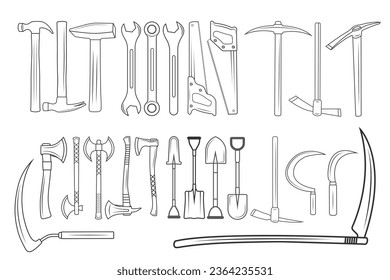 Spanner Vector Bundle, Spanner silhouette Bundle, Hammer Bundle,  Axe, Pick Axe, Saw illustration Bundle, Shovel, sickle Mechanic Tools, Worker elements, Labor equipment, Spanner line art, Repair tool