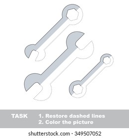 Spanner in vector colorful to be traced. Restore dashed line and color the picture. Worksheet to be colored.