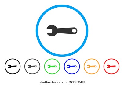 Spanner vector rounded icon. Image style is a flat gray icon symbol inside a blue circle. Bonus color variants are grey, black, blue, green, red, orange.