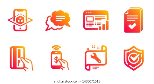Spanner, Web report and Handout line icons set. Text message, Augmented reality and Phone payment signs. Payment card, Confirmed symbols. Repair service, Graph chart. Technology set. Vector