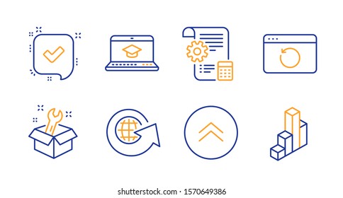 Spanner, Website education and Settings blueprint line icons set. Confirmed, World globe and Swipe up signs. Recovery internet, 3d chart symbols. Repair service, Video learning. Vector
