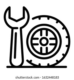 Spanner and wheel icon. Outline spanner and wheel vector icon for web design isolated on white background