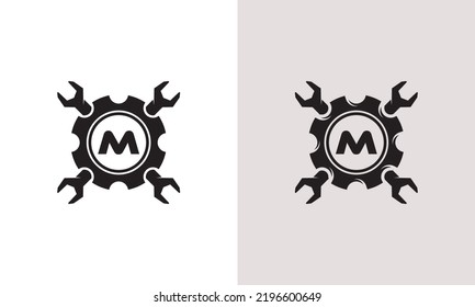 Herramientas mecánicas de ingeniería del logotipo del engranaje de llave de expansión. Adecuado para el icono del garaje del automóvil