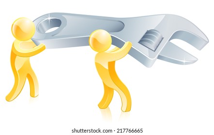 Spanner or wrench gold men illustration, two people carrying a big wrench or spanner