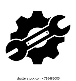 Spanner , wrench on gear , icon , black sign design