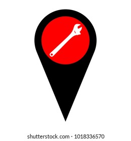 Spanner wrench sign illustration. Vector. Flat white icon in red circle at black marker on white background. Isolated.