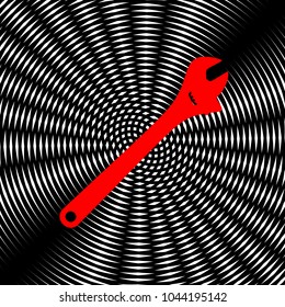 Spanner wrench sign illustration. Vector. Red icon on white and black radial interference as background.