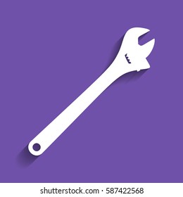 Spanner wrench sign illustration. Vector. White icon with soft shadow on grape violet background.