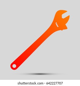 Spanner wrench sign illustration. Vector. Orange, red-yellow icon with shadow on gray background.