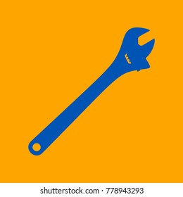 Spanner wrench sign illustration. Vector. Medium teal blue icon on orange background.
