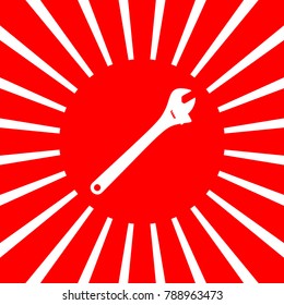 Spanner wrench sign illustration. Vector. White icon on red sun with rays as background. Isolated.
