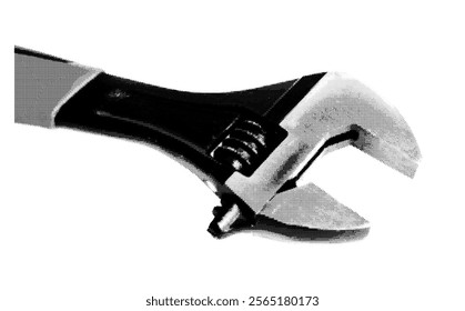 Spanner wrench tool for repair, made of metal and steel. Retro, vintage grayscale design with halftone and dotted texture. Vector illustration isolated on white background.