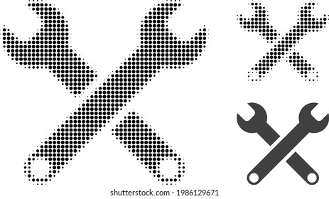 Spanners halftone dotted icon. Halftone array contains round points. Vector illustration of spanners icon on a white background.