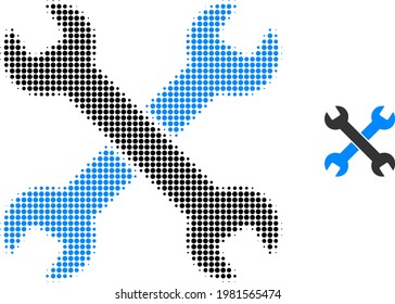 Spanners halftone dotted icon illustration. Halftone pattern contains round pixels. Vector illustration of spanners icon on a white background. Flat abstraction for spanners symbol.