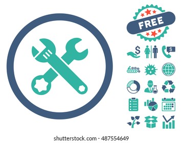 Spanners icon with free bonus design elements. Vector illustration style is flat iconic bicolor symbols, cobalt and cyan colors, white background.