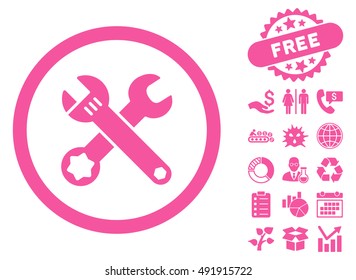 Spanners icon with free bonus design elements. Vector illustration style is flat iconic symbols, pink color, white background.