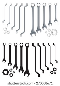 Spanners in order, vector. Set of realistic and silhouette tools