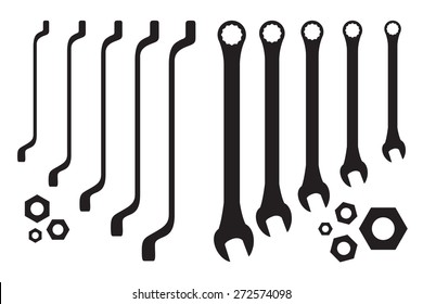 Spanners in order, vector. Set of silhouette tools