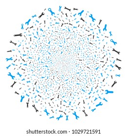 Spanners And Wrenches fireworks circle. Object pattern done from random spanners and wrenches design elements as exploding cluster. Vector illustration style is flat iconic symbols.