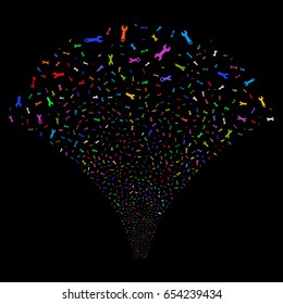 Spanners And Wrenches salute stream. Vector illustration style is flat bright multicolored iconic symbols on a black background. Object stream fountain made from random symbols.