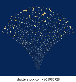 Spanners And Wrenches salute stream. Vector illustration style is flat yellow iconic symbols on a blue background. Object explosion fountain combined from random design elements.