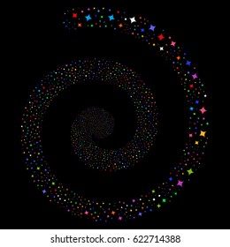 Sparcle Star bang concentric spiral. Vector bright multicolored scattered design elements.