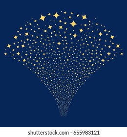 Sparcle Star salute stream. Vector illustration style is flat yellow iconic symbols on a blue background. Object explosion fountain created from random design elements.