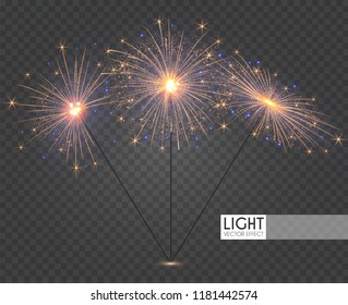 Sparcler and Firework. Christmas Decoration Lights. Transparent Light Effect. Vector illustration