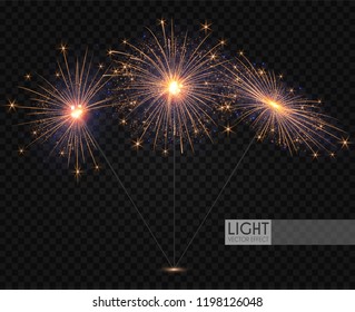 Sparcler and Firework. Christmas Decoration Lights. Transparent Light Effect. Vector illustration