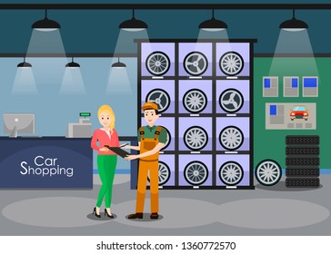 Spare Car Parts Shop Interior Flat Illustration. Client, Woman, Girl Buying Winter Wheels, Tires. Consultant, Shop Assistant, Mechanic Showing Product Specification. New Wheel Rims Purchase