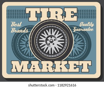 Spare car wheel banner with tire track. Tire fitting and repair service, vintage style poster