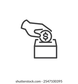 Spare Change line icon. linear style sign for mobile concept and web design. Hand puts coin in donation box outline vector icon. Contribution to savings symbol, logo illustration. Vector graphics