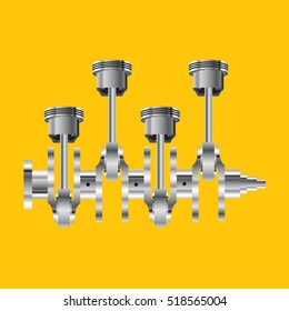 Spare engine, crankshaft, vector. Crankshaft icon. Spare cars. Engine parts. Black icon on a yellow background. Car repair. Sign of the garage, car service.