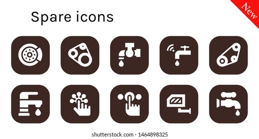 spare icon set. 10 filled spare icons.  Simple modern icons about  - Brake disc, Timing belt, Tap, Faucet, Rearview mirror