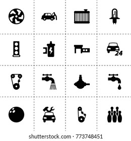 Spare icons. vector collection filled spare icons. includes symbols such as alloy wheel, engine head, timing belt, spark coil. use for web, mobile and ui design.