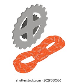 Spare part icon isometric vector. Bike wheel star and red rope. Bicycle part and hiking rope, cycling concept