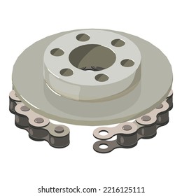 Icono de pieza de repuesto vector isométrico. Disco de freno de coche e icono de la cadena de conducción de bicicletas. Pieza de repuesto para automóviles y bicicletas